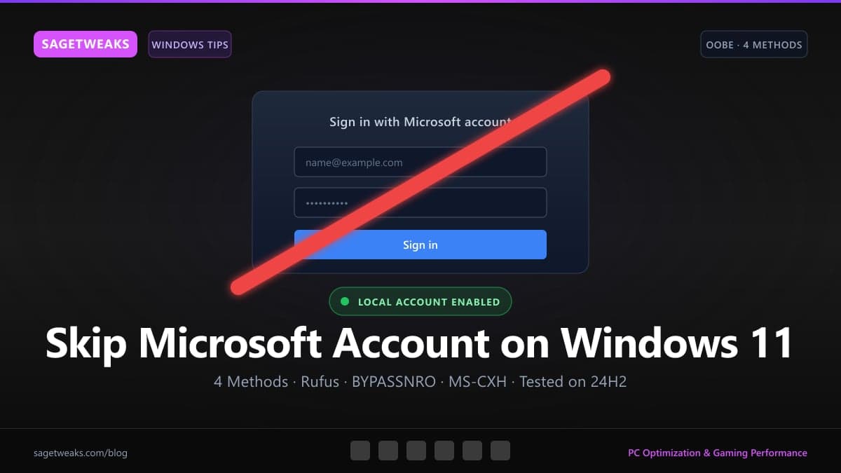 Windows 11 OOBE sign-in screen with the Microsoft account requirement crossed out and a local account indicator